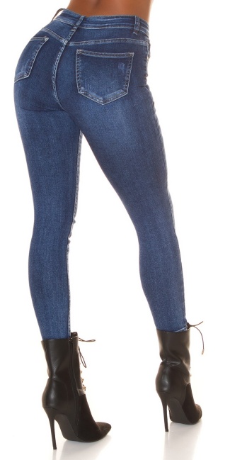 Geribde hoge taille skinny jeans donker denim-spijkerstof blauw
